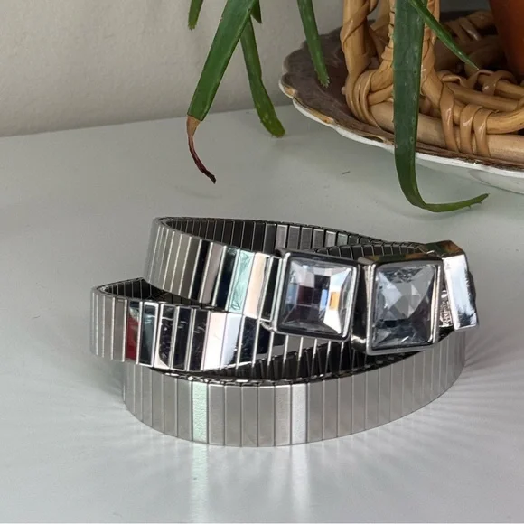 Vintage Y2K Silver Rhinestone Stretch Belt Crystal Statement Belt Disco Style - Picture 4 of 7